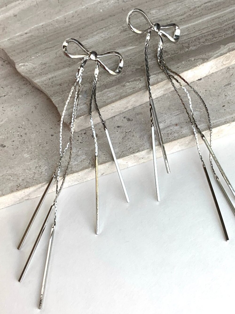 NEW Anthropologie Casa Clara Ava Long Fringe Bow Drop Silver Earrings
